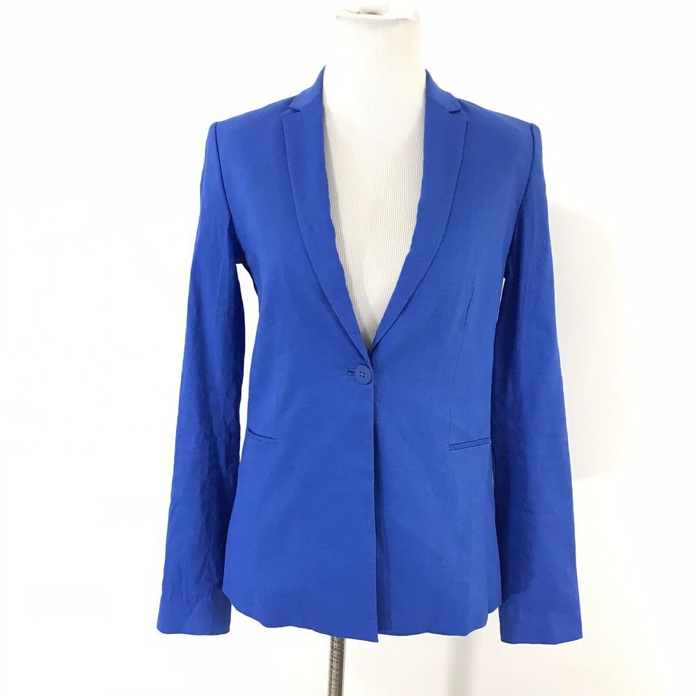 Elie Tahari Women's‎ Darcy Blue Linen Lined One-Button Suit Jacket 2